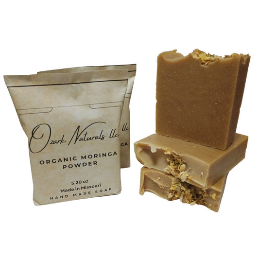 Organic Moringa Powder with Jasmine Flowers Sprinkled on Top Soap